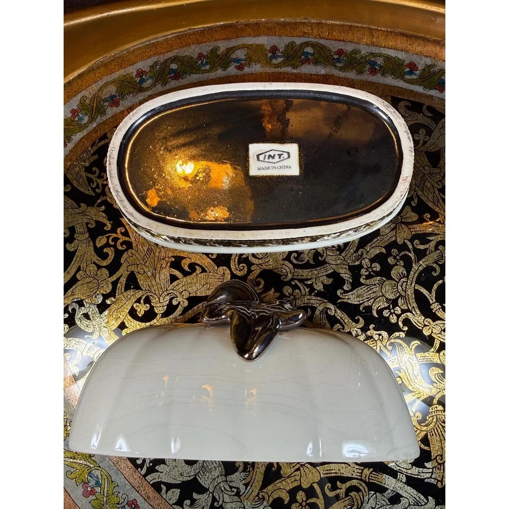 Vintage Pumpkin Butter Dish - Covered Dish with Ivory‎ & Metallic Glaze